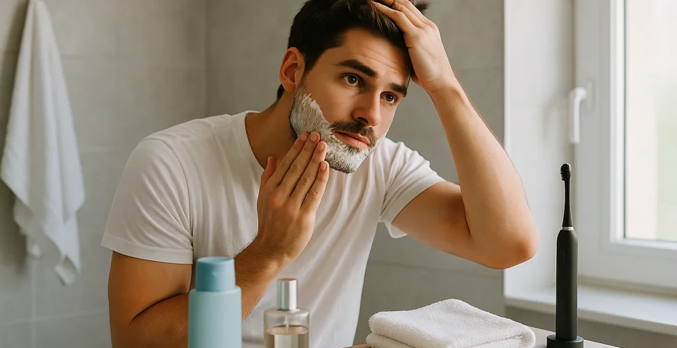 Frau bei ihrer morgendlichen Beauty-Routine mit Hautpflege und Make-up vor dem Spiegel