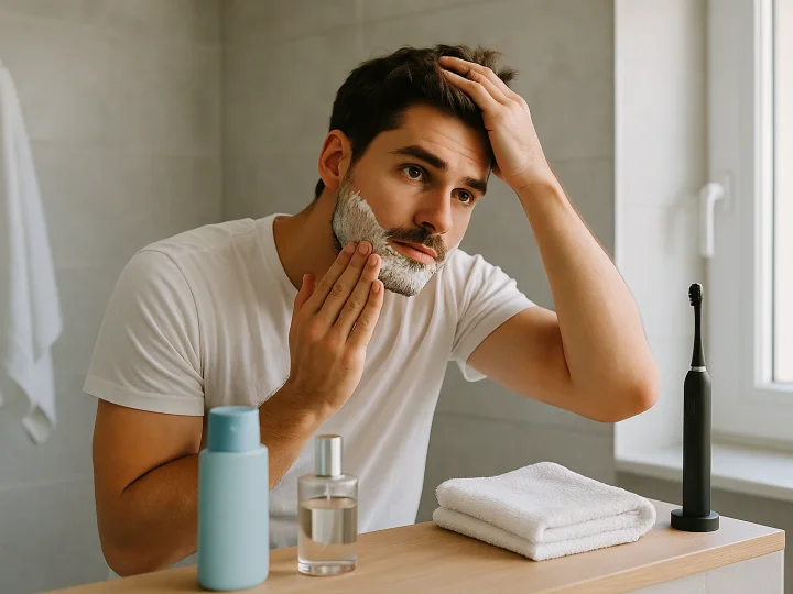 Frau bei ihrer morgendlichen Beauty-Routine mit Hautpflege und Make-up vor dem Spiegel