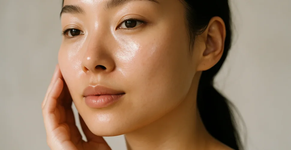 Frau mit strahlender, glatter Haut zeigt den Glass Skin Glow-Effekt