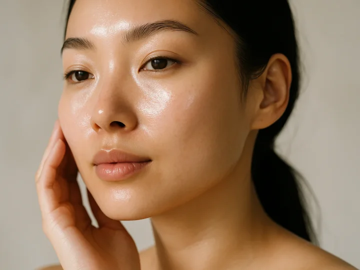 Frau mit strahlender, glatter Haut zeigt den Glass Skin Glow-Effekt