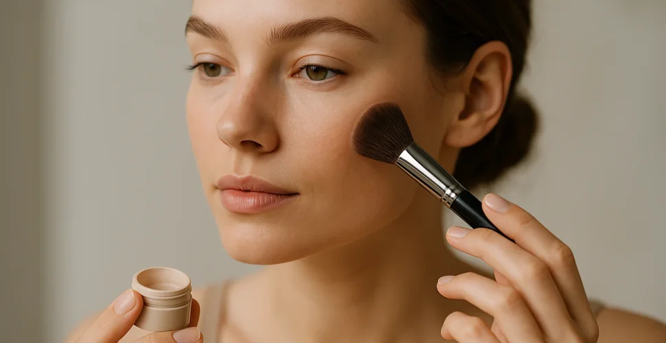 Frau mit natürlichem Make-up-Look, leichte Foundation und natürlichen Augenbrauen