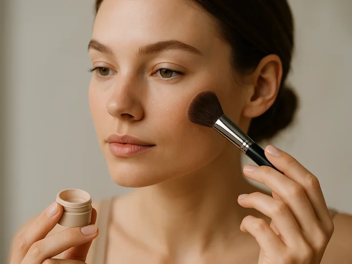 Frau mit natürlichem Make-up-Look, leichte Foundation und natürlichen Augenbrauen