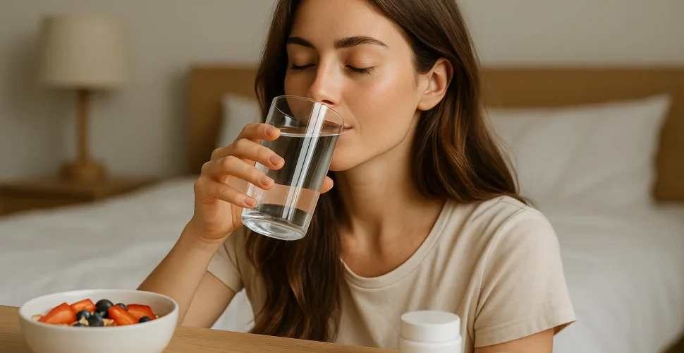 Frau mit strahlender, gesunder Haut und glänzenden Haaren, natürliche Beauty-Routine mit Wasser und pflanzlichen Produkten