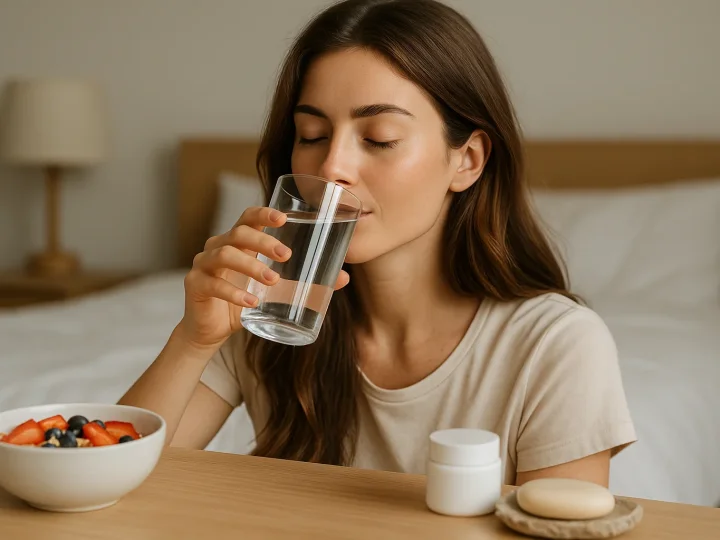 Frau mit strahlender, gesunder Haut und glänzenden Haaren, natürliche Beauty-Routine mit Wasser und pflanzlichen Produkten