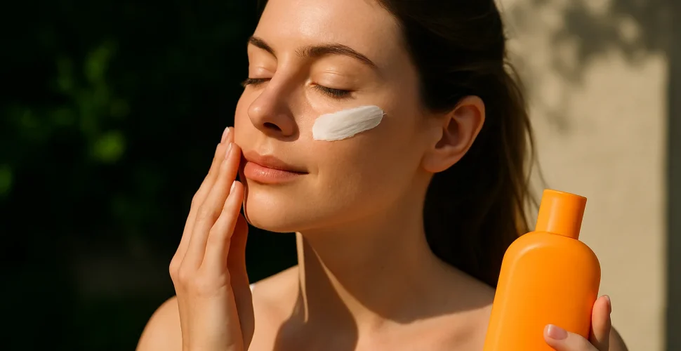 Frau trägt Sonnenschutzcreme auf ihr Gesicht auf, sonniger Strand im Hintergrund