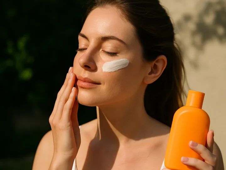 Frau trägt Sonnenschutzcreme auf ihr Gesicht auf, sonniger Strand im Hintergrund