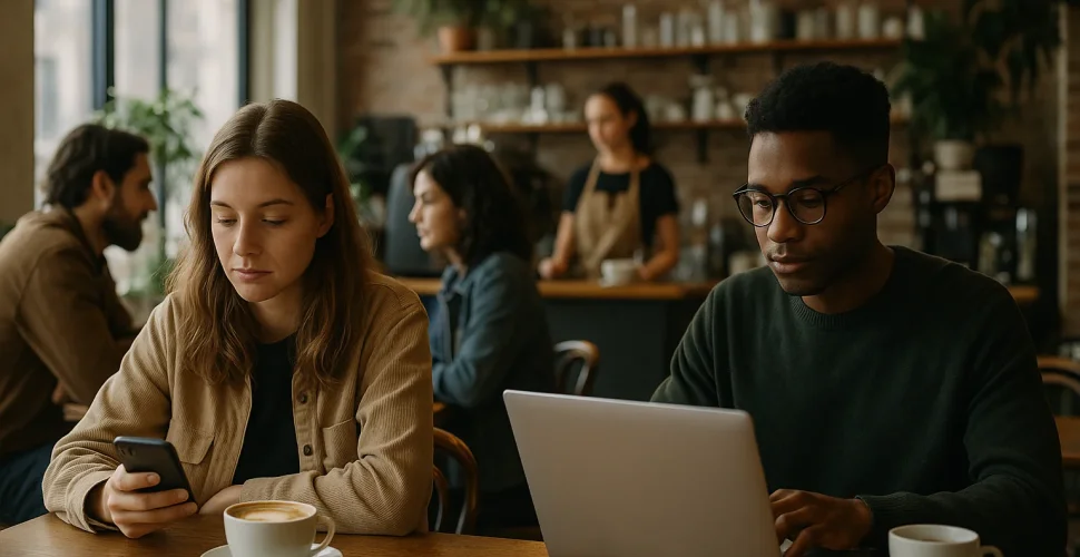 Gemütliches Café mit rustikaler Einrichtung, Kaffee und Laptop auf hölzernem Tisch