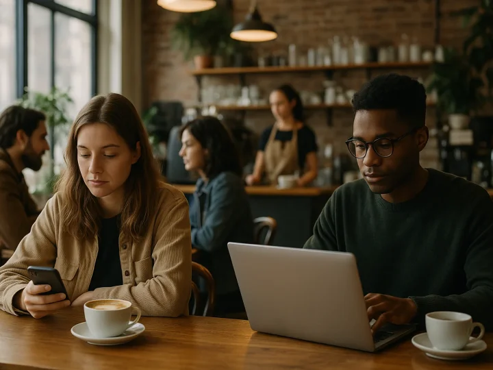 Gemütliches Café mit rustikaler Einrichtung, Kaffee und Laptop auf hölzernem Tisch