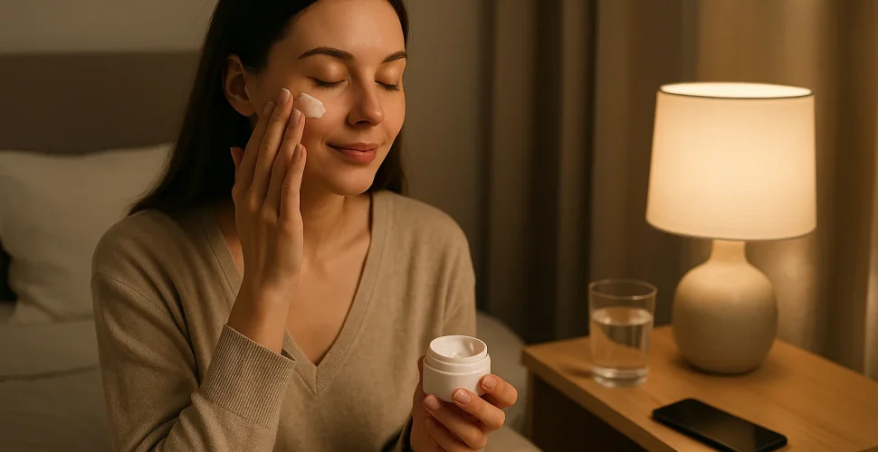 Frau in entspannter Atmosphäre bei Abendroutine mit Kerzen und Hautpflege