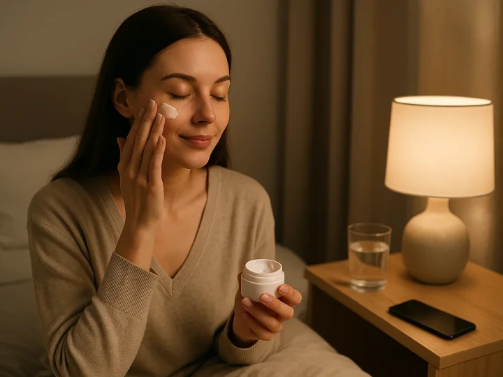 Frau in entspannter Atmosphäre bei Abendroutine mit Kerzen und Hautpflege