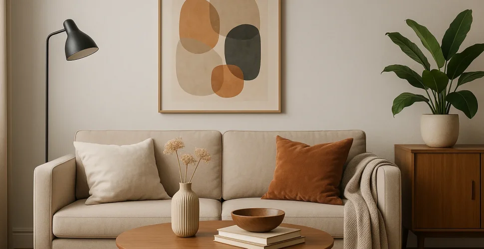 Gemütliches Wohnzimmer mit warmen Farbtönen, minimalistischer Einrichtung und dekorativen Details