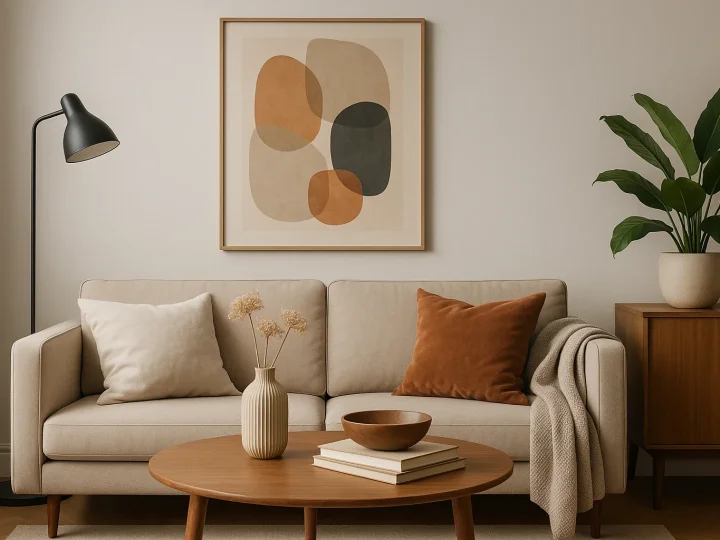 Gemütliches Wohnzimmer mit warmen Farbtönen, minimalistischer Einrichtung und dekorativen Details