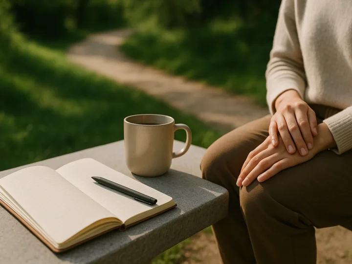 Eine Person sitzt mit einer Tasse Tee am Fenster und schreibt in ein Tagebuch
