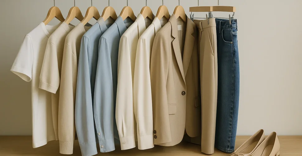 Sammlung von klassischen Kleidungsstücken: weiße Bluse, Jeans, schwarzer Blazer und weitere Basics