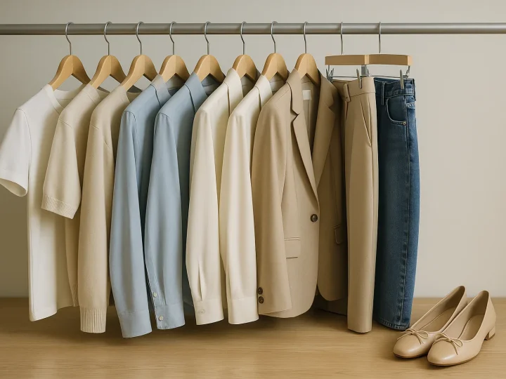 Sammlung von klassischen Kleidungsstücken: weiße Bluse, Jeans, schwarzer Blazer und weitere Basics