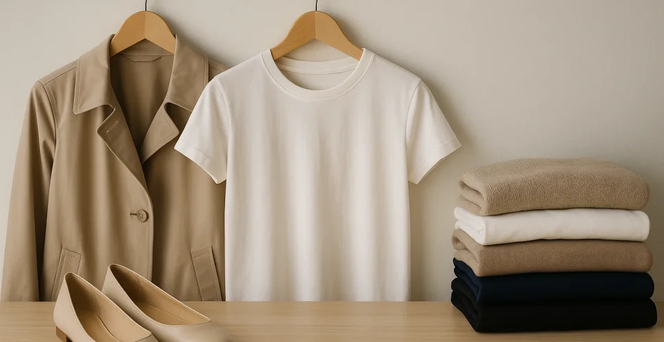 Organisierte Kleiderstange mit minimalistischen Basics in Neutral- und Pastelltönen