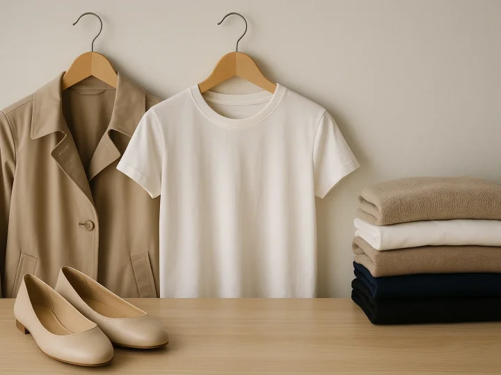 Organisierte Kleiderstange mit minimalistischen Basics in Neutral- und Pastelltönen