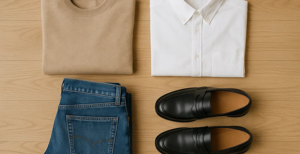 Flatlay-Darstellung zeitloser Fashion-Basics: weißes Hemd, Blazer, Denim-Jeans und weiße Sneaker auf neutralem Hintergrund