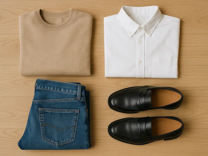 Flatlay-Darstellung zeitloser Fashion-Basics: weißes Hemd, Blazer, Denim-Jeans und weiße Sneaker auf neutralem Hintergrund