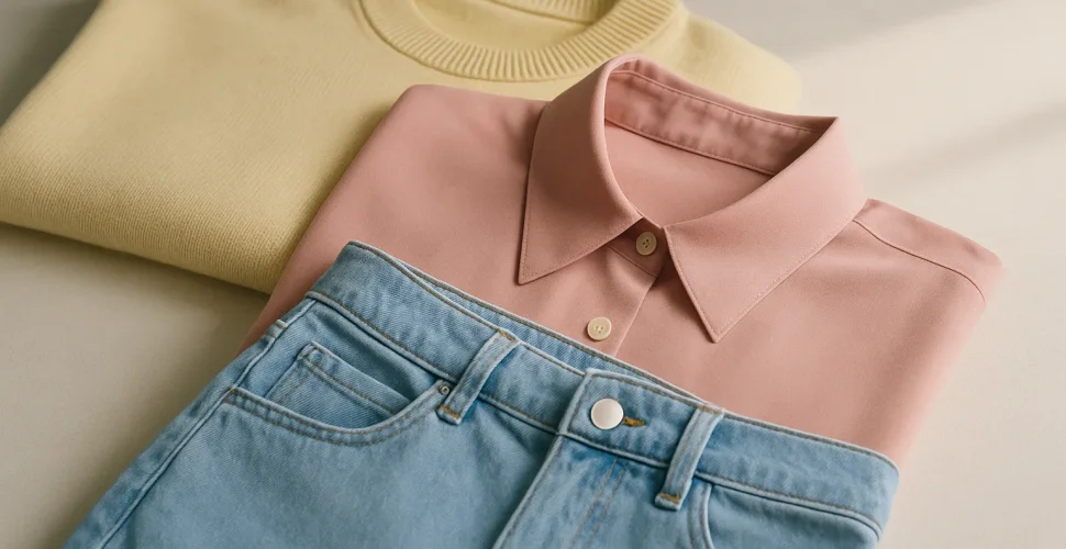 Farbpalette mit Butter Yellow, Beige, Soft Pink und Sky Blue für Modetrends 2026