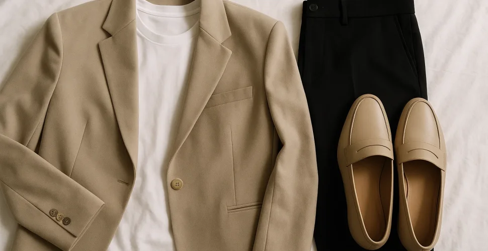 Elegante Frau in minimalistischem Outfit mit weißem Leinenshirt und dunkler Hose vor neutralem Hintergrund