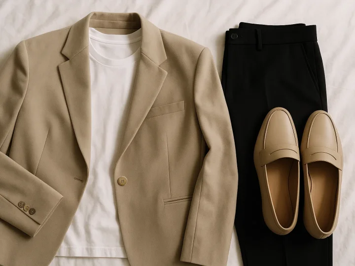 Elegante Frau in minimalistischem Outfit mit weißem Leinenshirt und dunkler Hose vor neutralem Hintergrund