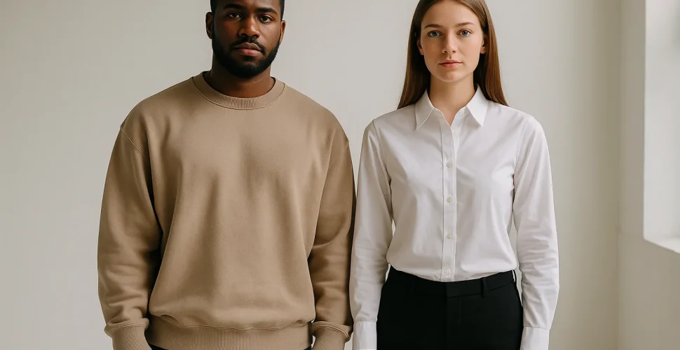 Modische Frau in trendigen Oversized-Kleidungsstücken und moderner Slim-Fit-Kombination