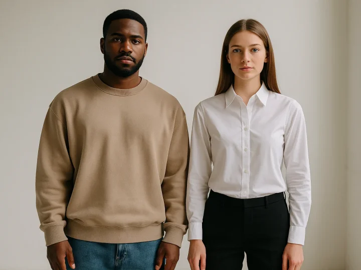 Modische Frau in trendigen Oversized-Kleidungsstücken und moderner Slim-Fit-Kombination