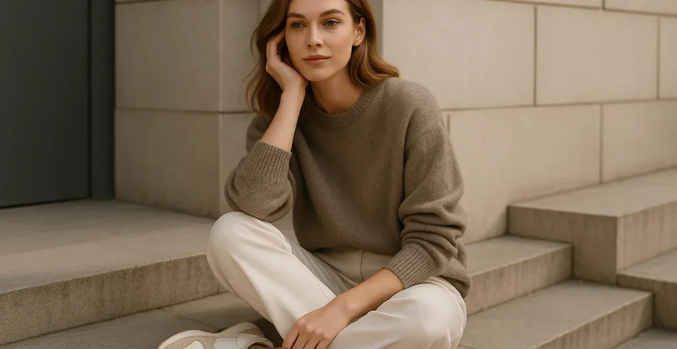 Moderne Frau in bequemer Streetwear mit Sneakern und Oversized-Blazer auf der Straße