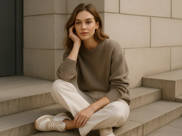 Moderne Frau in bequemer Streetwear mit Sneakern und Oversized-Blazer auf der Straße
